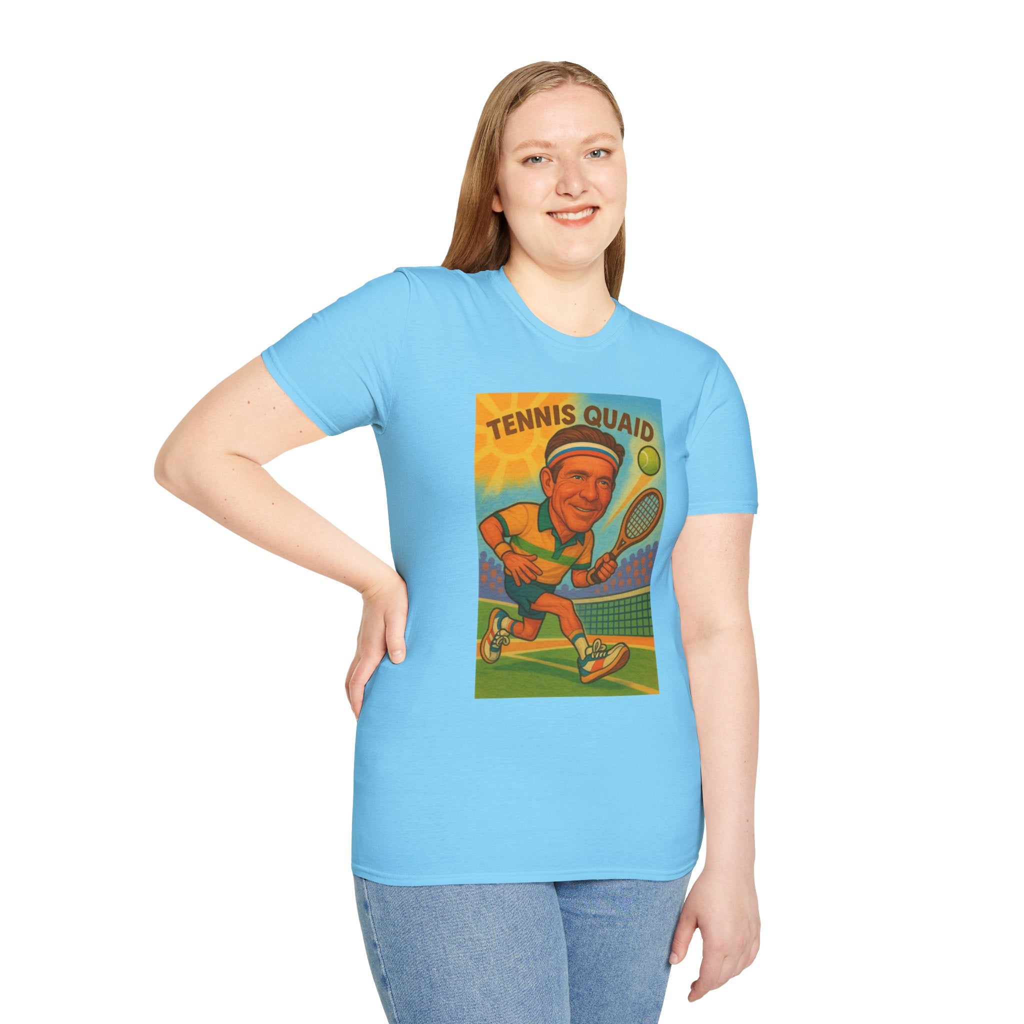 Tennis Quaid Unisex Softstyle T-Shirt, Tennis Player Actor Mashup Tee, Funny Graphic Shirt