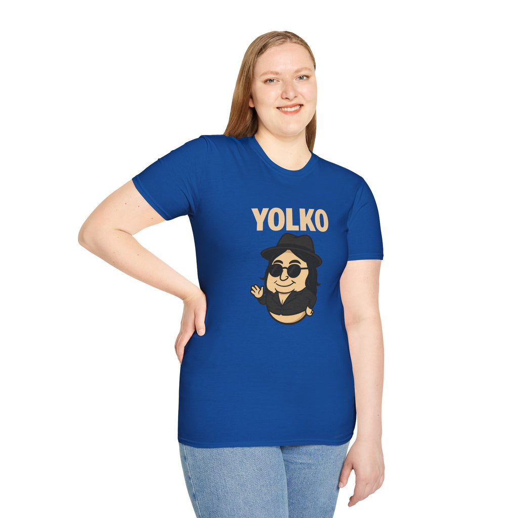 Yolko Funny Parody Unisex Softstyle T-Shirt, Egg Wordplay Tee, Humorous Yoko Tribute Shirt, Novelty Graphic Top, Comical Musician Fan Gift