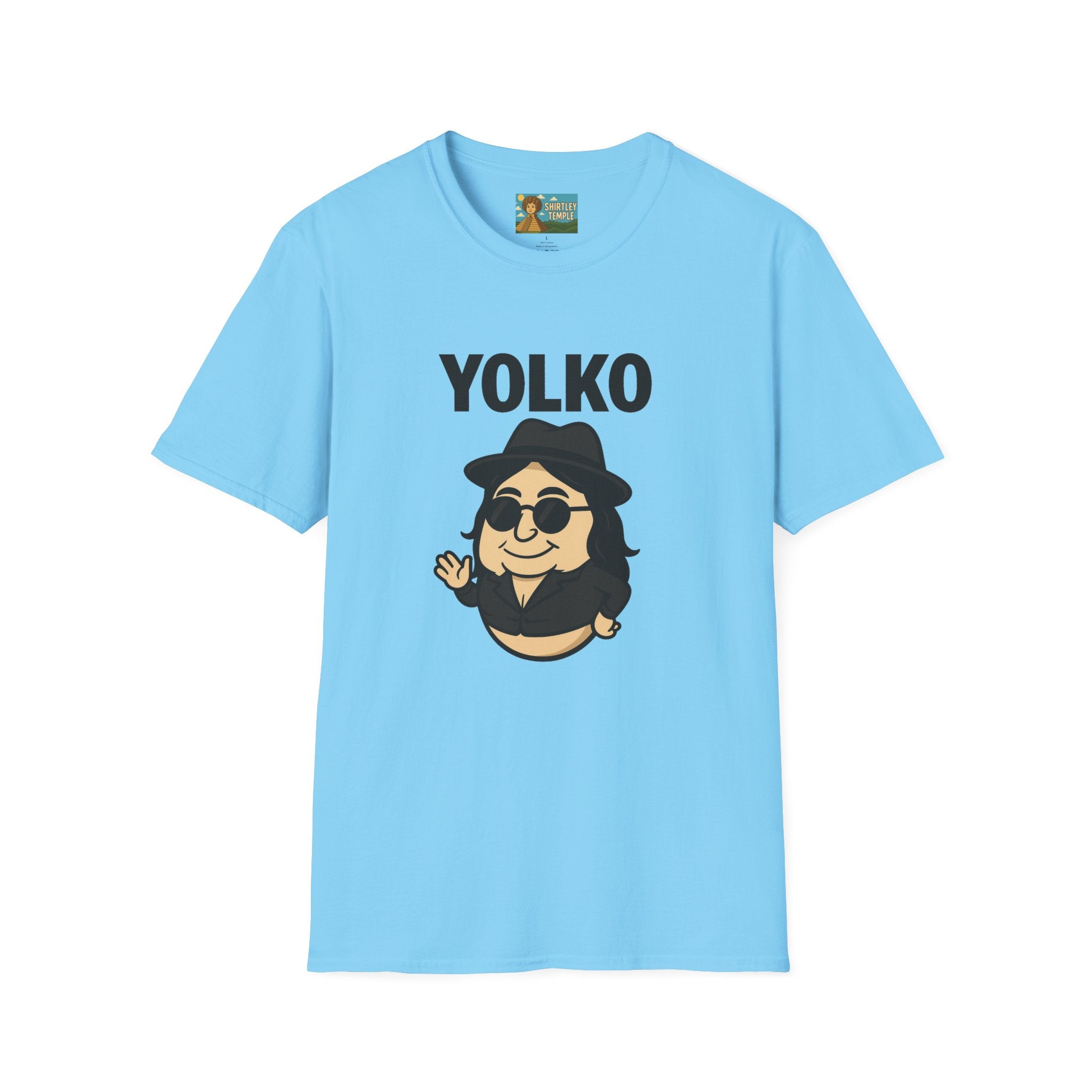 Yolko Funny Parody Unisex Softstyle T-Shirt, Egg Wordplay Tee, Humorous Yoko Tribute Shirt, Novelty Graphic Top, Comical Musician Fan Gift