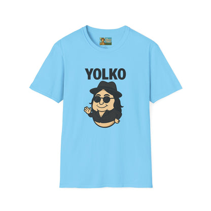 Yolko Funny Parody Unisex Softstyle T-Shirt, Egg Wordplay Tee, Humorous Yoko Tribute Shirt, Novelty Graphic Top, Comical Musician Fan Gift