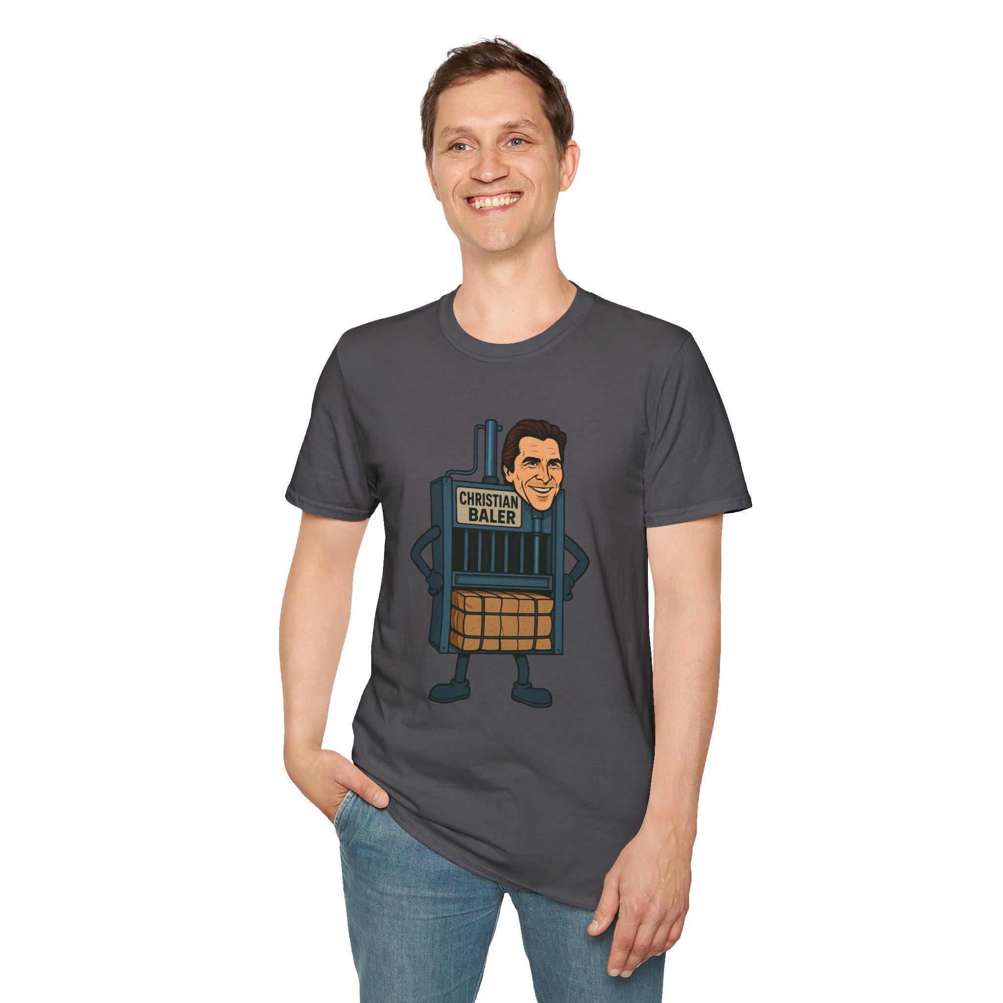 Christian Baler Funny Shirt, Parody Tee, Unisex Softstyle T-Shirt, Comedy Mashup Top, Christian Bale Cardboard Baler Machine, Gift for Movie