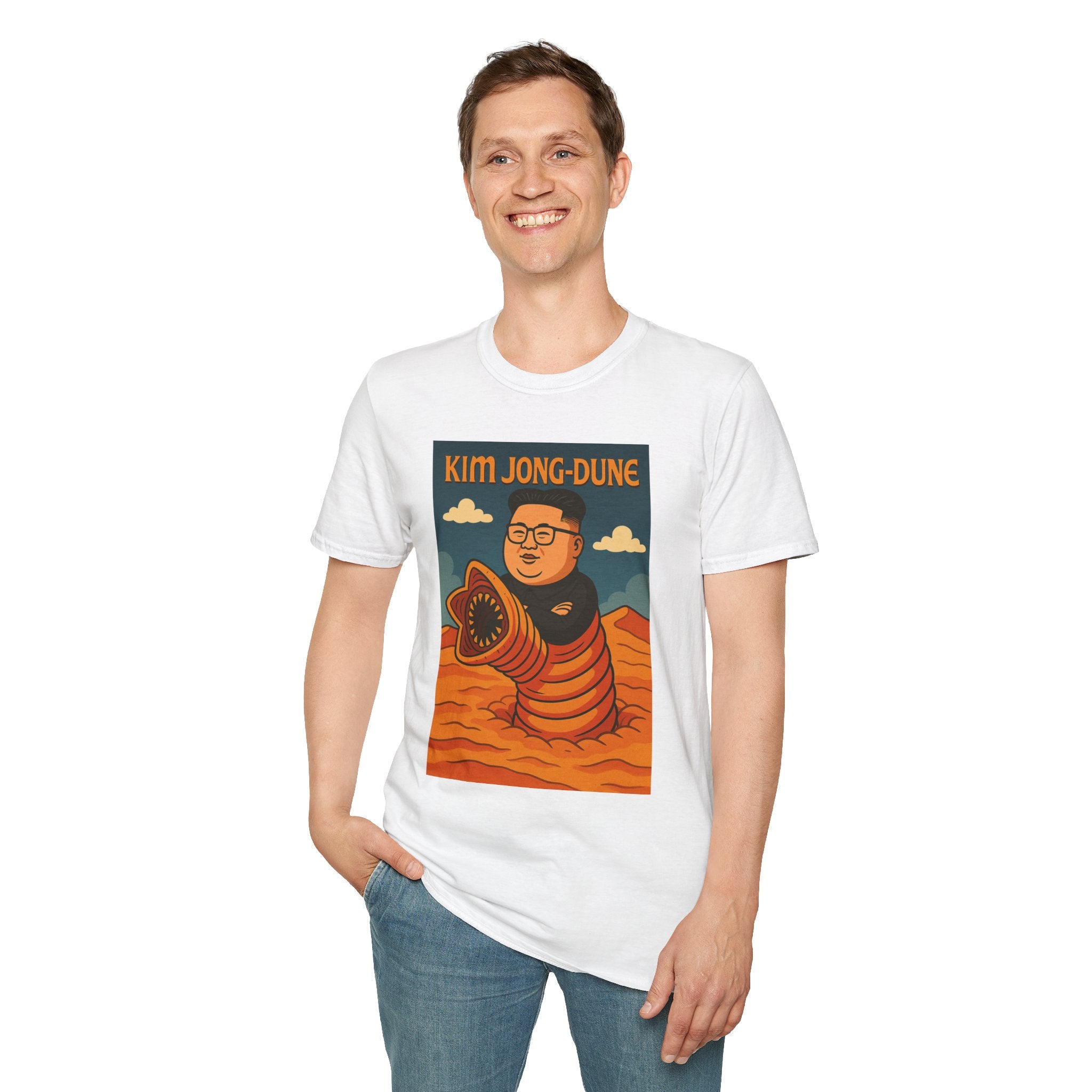 Kim Jong-Dune Funny T-Shirt, Mashup Wordplay Shirt, Sandworm Movie Tee, Unisex Softstyle Top, Kim Jong Un Fan, Dune Lover Gift
