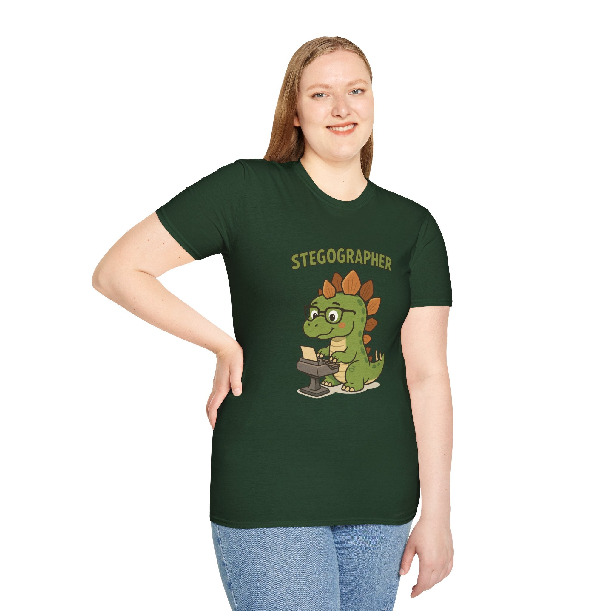 Stegographer Funny Stegosaurus Stenographer Mashup Softstyle Tee, Dino Wordplay Shirt, Unisex Tshirt Gift, Office tee for Dinosaur
