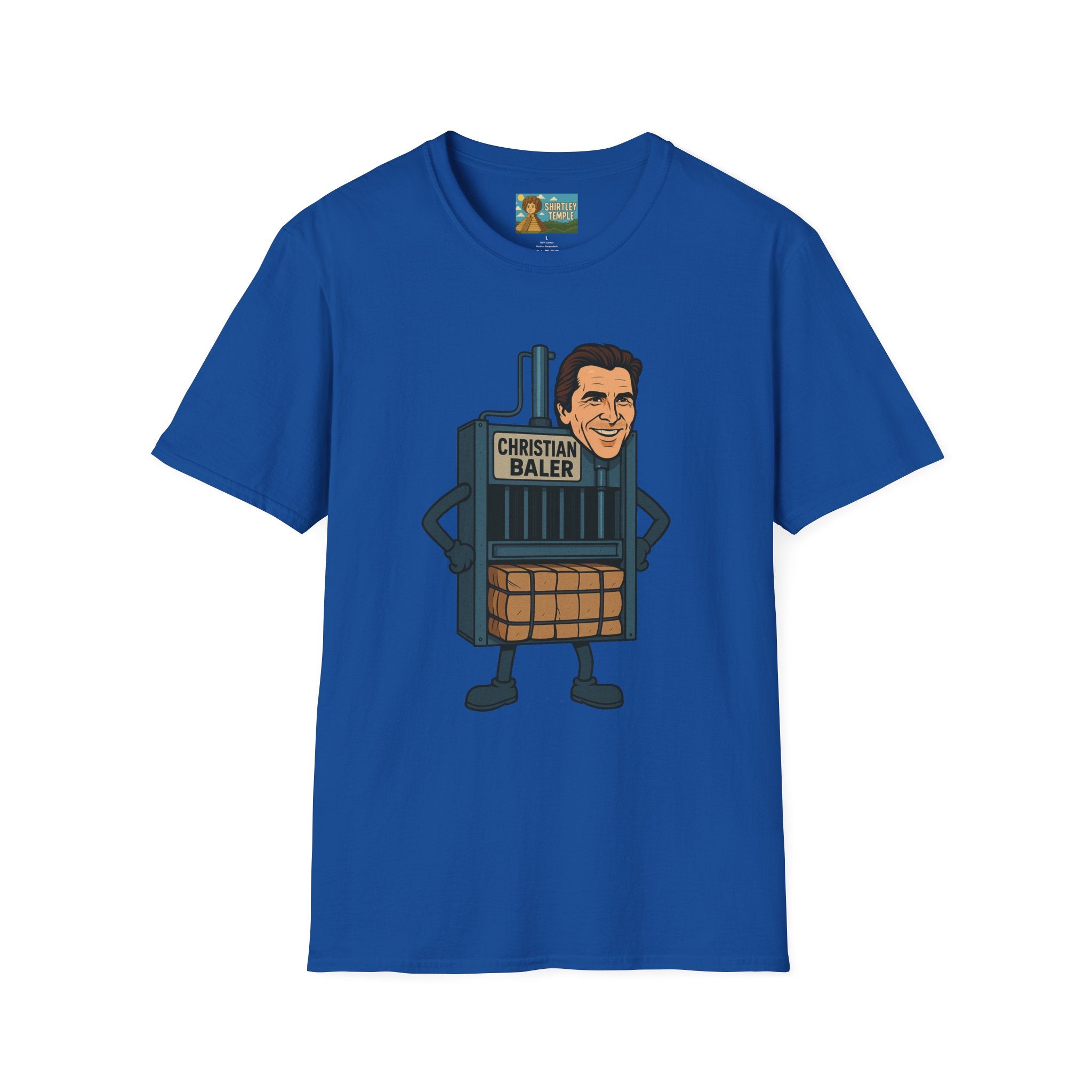Christian Baler Funny Shirt, Parody Tee, Unisex Softstyle T-Shirt, Comedy Mashup Top, Christian Bale Cardboard Baler Machine, Gift for Movie