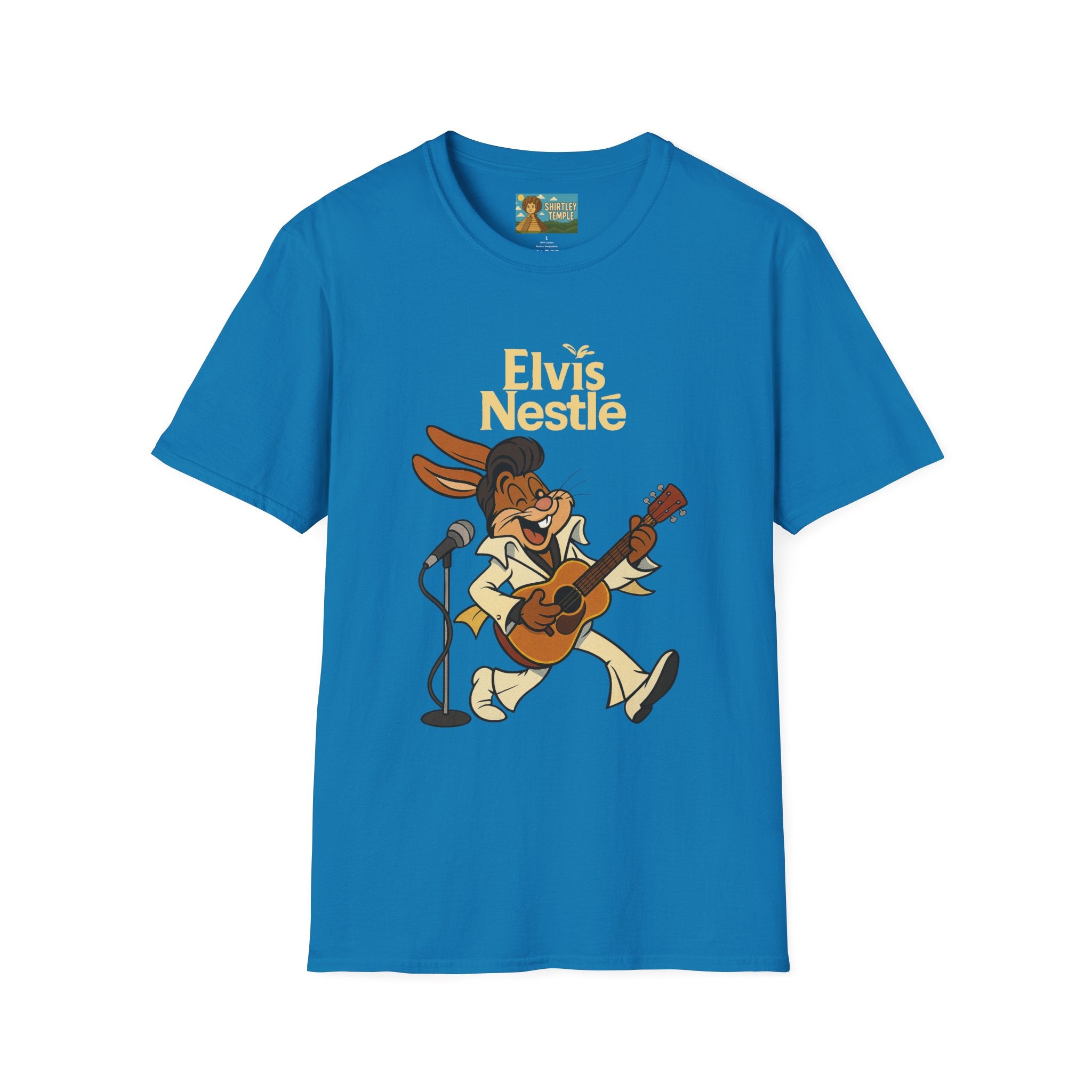 Elvis Nestle Mashup T-Shirt, Rock and Roll Rabbit Funny Tribute Tee, Musician Food Mascot Parody Shirt