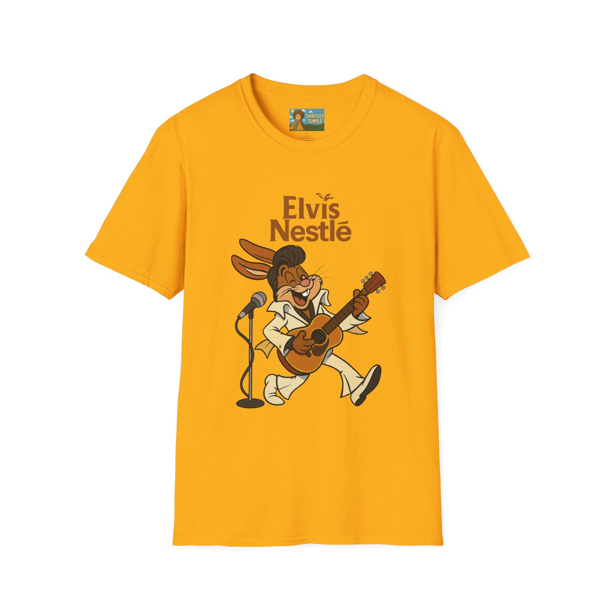 Elvis Nestle Mashup T-Shirt, Rock and Roll Rabbit Funny Tribute Tee, Musician Food Mascot Parody Shirt