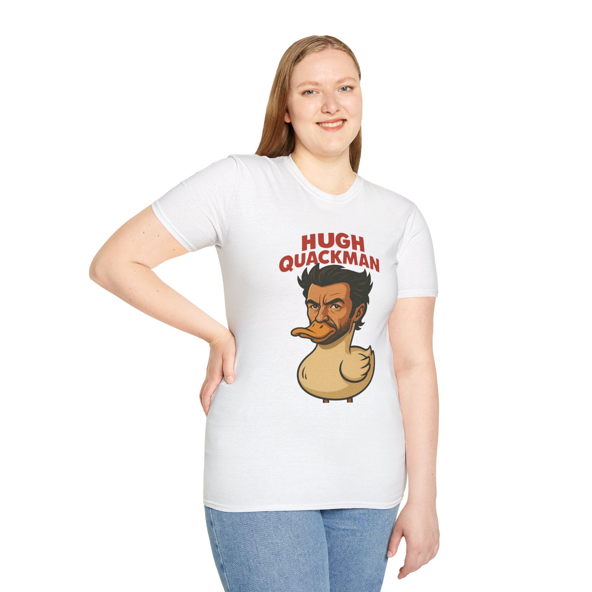 Hugh Quackman Funny Shirt, Parody Apparel, Hugh Jackman Duck Tee, Comedy Tribute, Wordplay Mashup, Unisex Softstyle T-Shirt