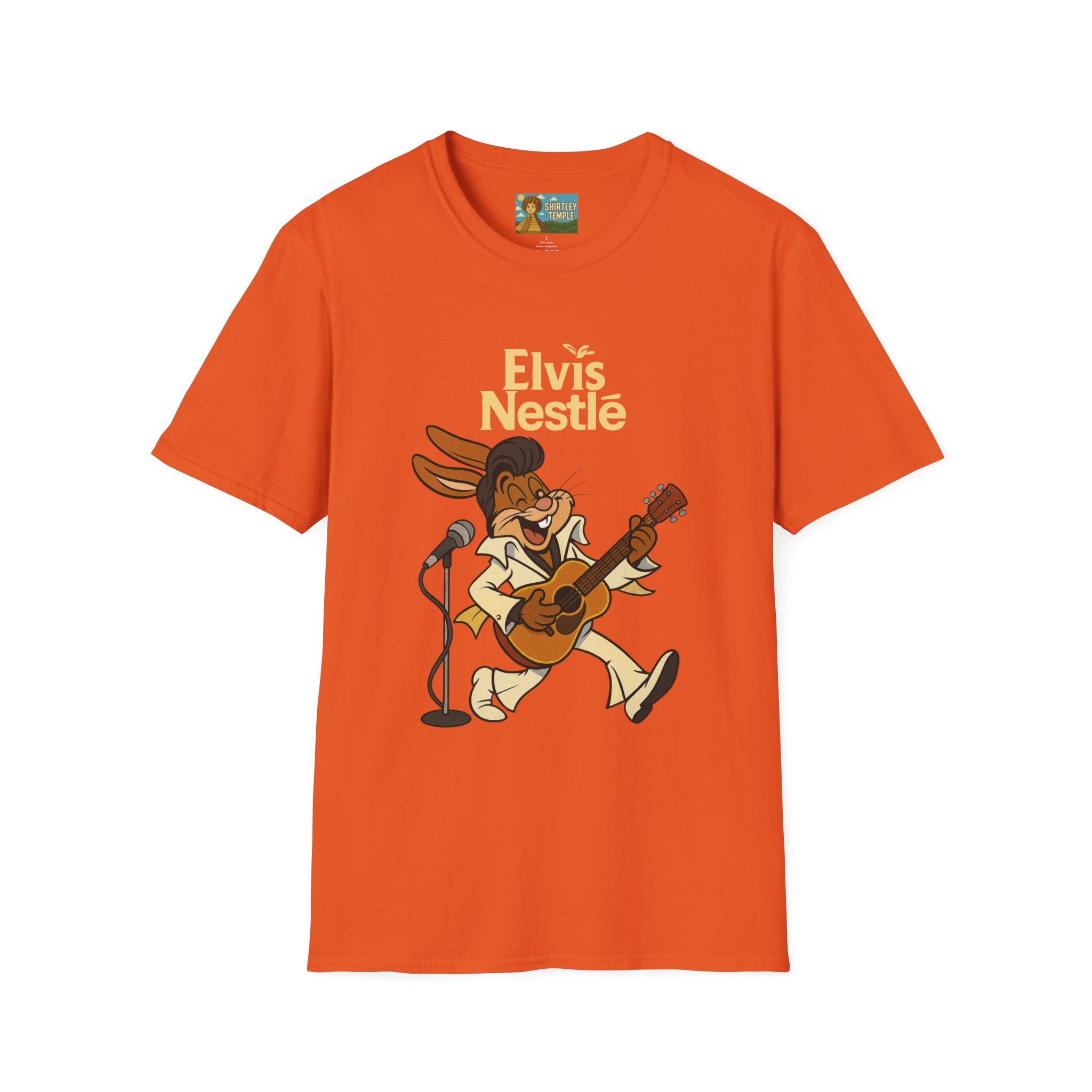 Elvis Nestle Mashup T-Shirt, Rock and Roll Rabbit Funny Tribute Tee, Musician Food Mascot Parody Shirt