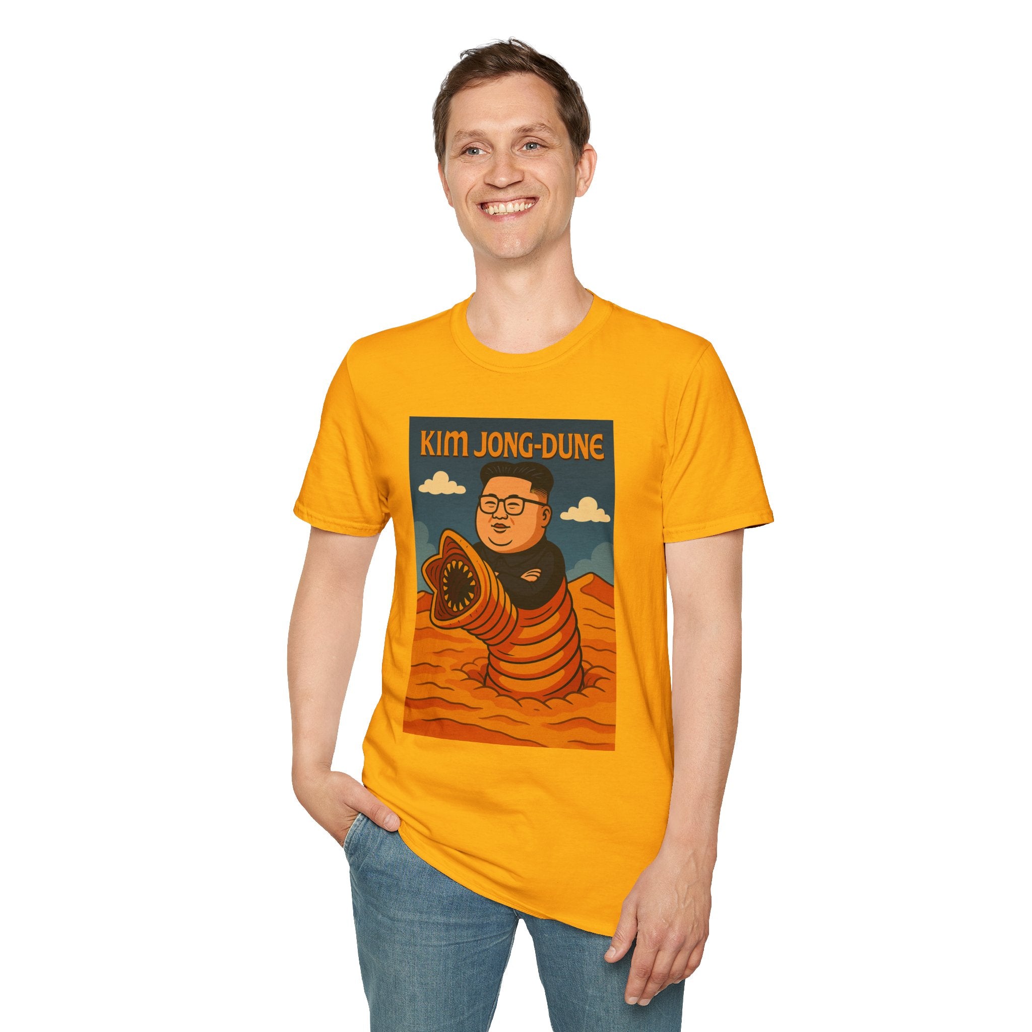Kim Jong-Dune Funny T-Shirt, Mashup Wordplay Shirt, Sandworm Movie Tee, Unisex Softstyle Top, Kim Jong Un Fan, Dune Lover Gift