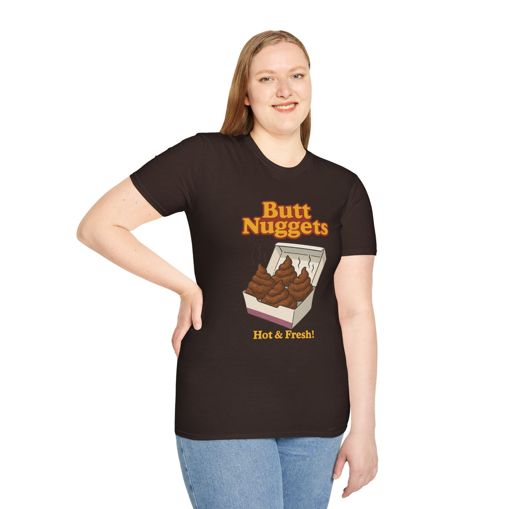Butt Nuggets Funny Unisex Softstyle T-Shirt, Chicken Poop Pun Tee, Hilarious Wordplay Apparel, Comfy Graphic Shirt, Unisex Shirt for Joke