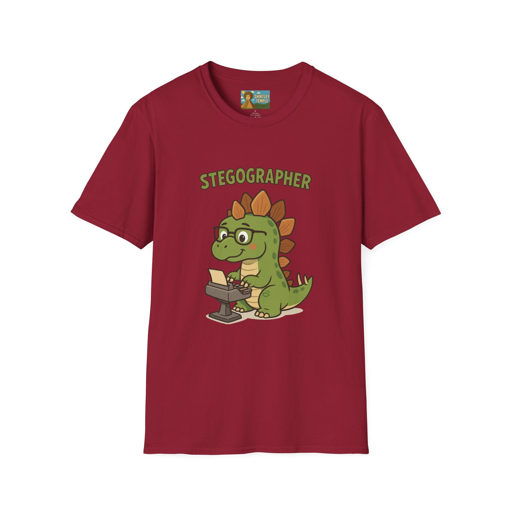 Stegographer Funny Stegosaurus Stenographer Mashup Softstyle Tee, Dino Wordplay Shirt, Unisex Tshirt Gift, Office tee for Dinosaur