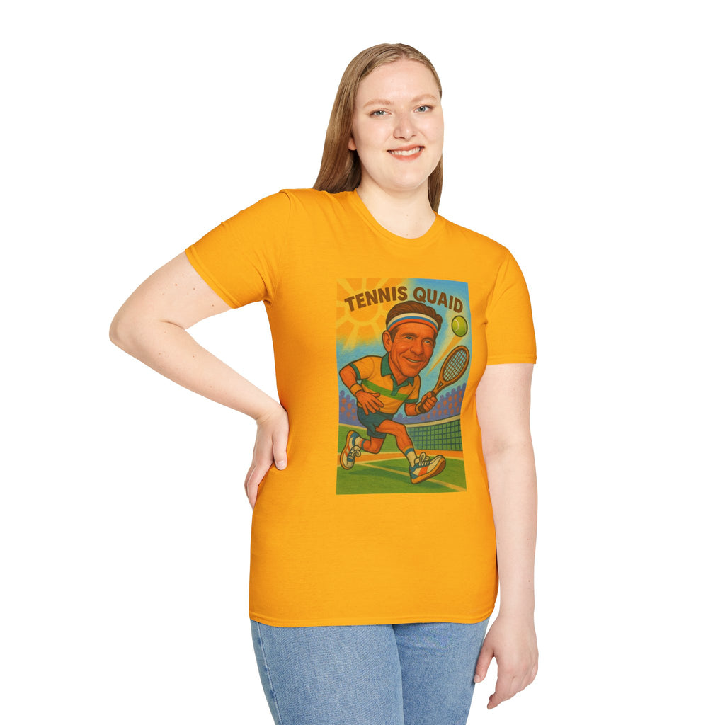 Tennis Quaid Unisex Softstyle T-Shirt, Tennis Player Actor Mashup Tee, Funny Graphic Shirt