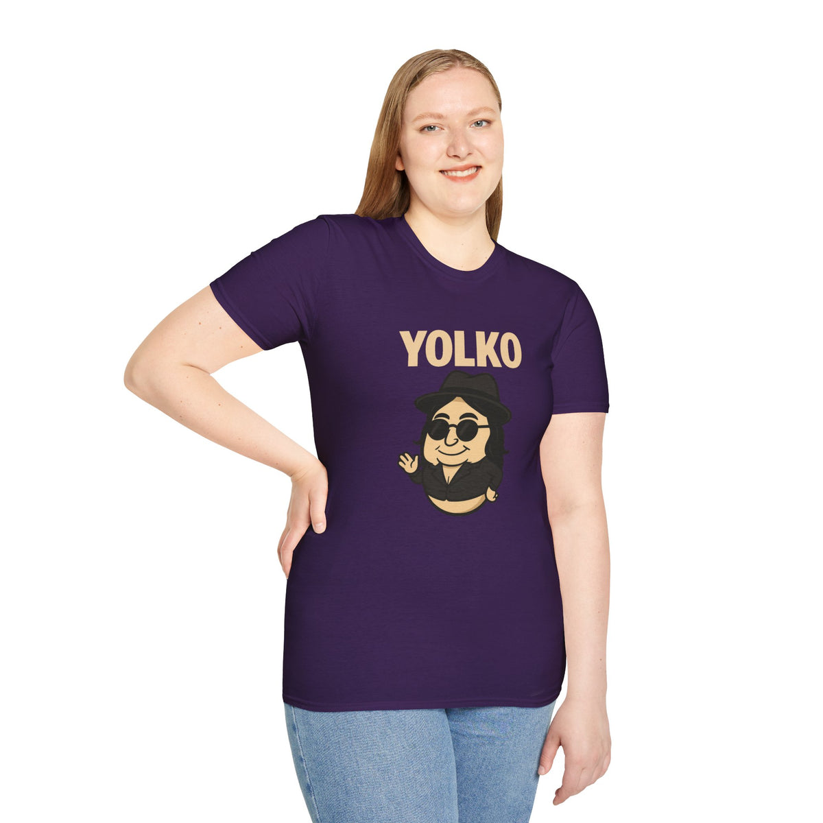 Yolko Funny Parody Unisex Softstyle T-Shirt, Egg Wordplay Tee, Humorous Yoko Tribute Shirt, Novelty Graphic Top, Comical Musician Fan Gift