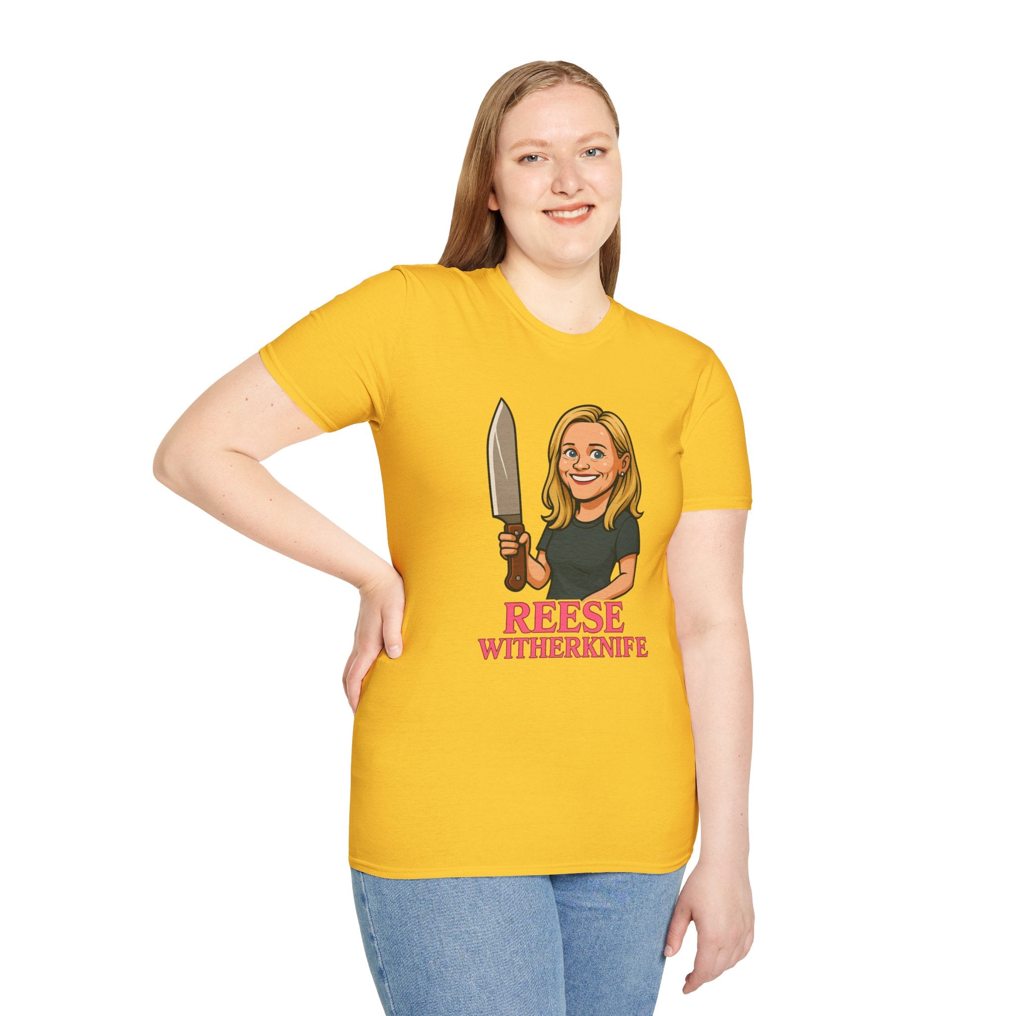 Reese Witherknife Funny Shirt, Comedy Parody Actress Tee, Unisex Softstyle T-Shirt, Wordplay Giant Knife Top, Gift for Movie Lovers, Pop