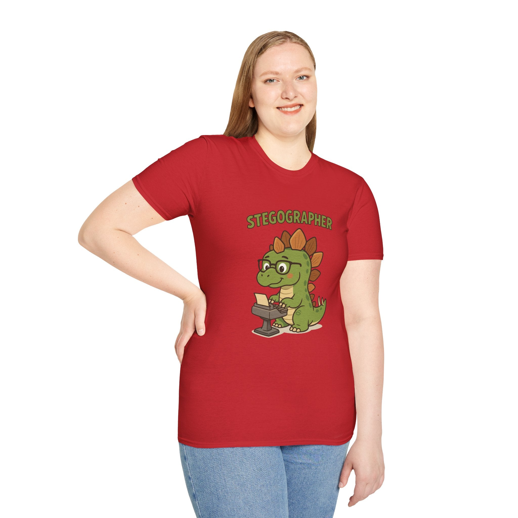 Stegographer Funny Stegosaurus Stenographer Mashup Softstyle Tee, Dino Wordplay Shirt, Unisex Tshirt Gift, Office tee for Dinosaur