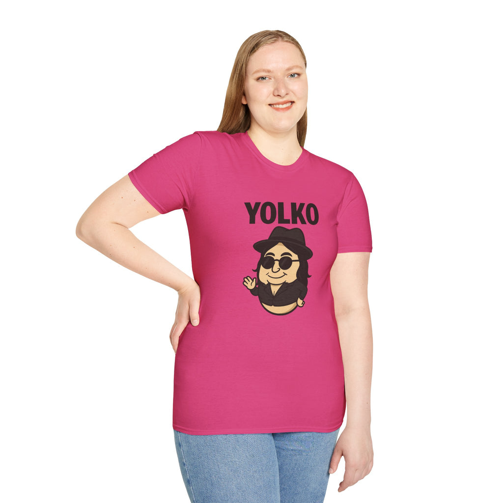 Yolko Funny Parody Unisex Softstyle T-Shirt, Egg Wordplay Tee, Humorous Yoko Tribute Shirt, Novelty Graphic Top, Comical Musician Fan Gift