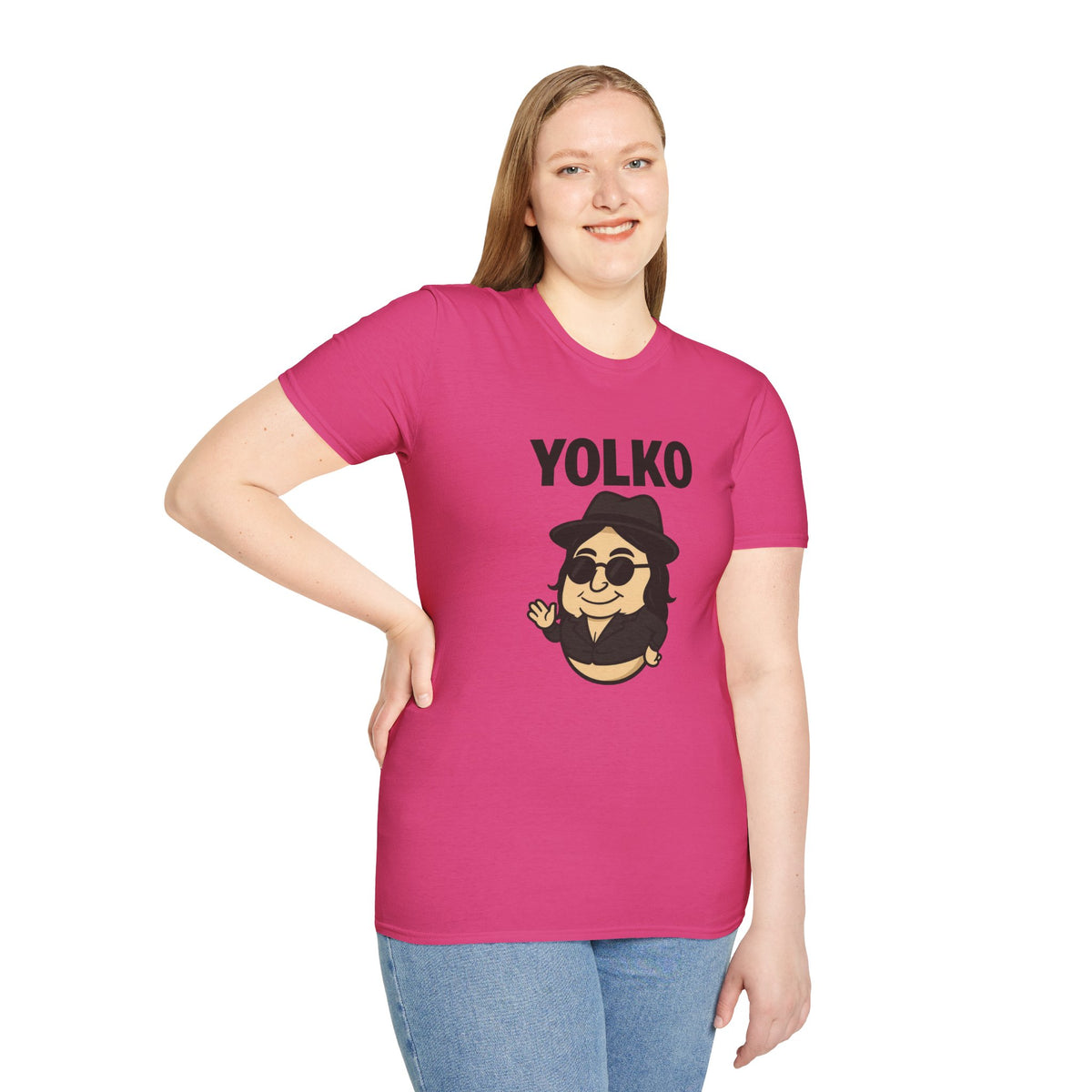 Yolko Funny Parody Unisex Softstyle T-Shirt, Egg Wordplay Tee, Humorous Yoko Tribute Shirt, Novelty Graphic Top, Comical Musician Fan Gift