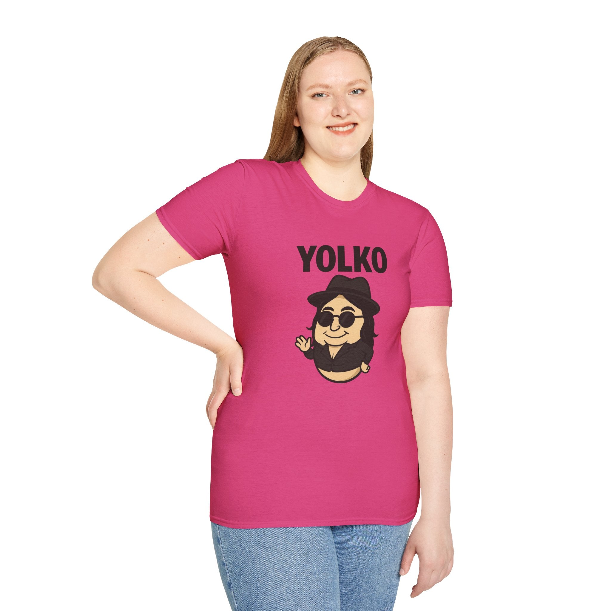 Yolko Funny Parody Unisex Softstyle T-Shirt, Egg Wordplay Tee, Humorous Yoko Tribute Shirt, Novelty Graphic Top, Comical Musician Fan Gift