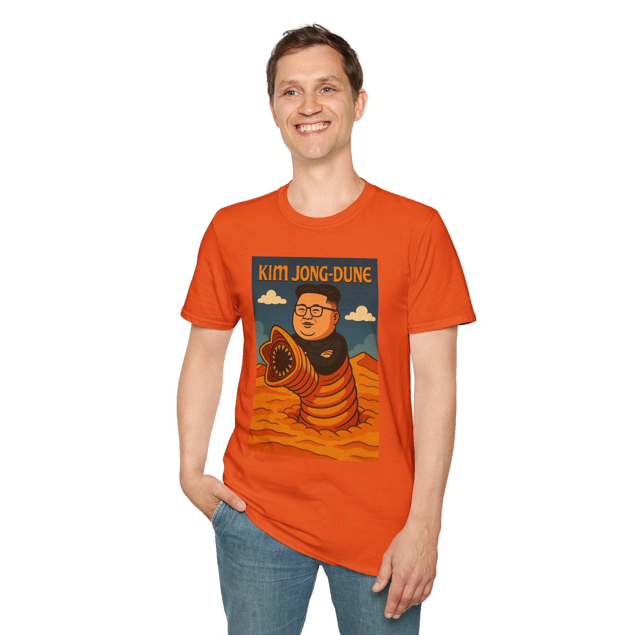 Kim Jong-Dune Funny T-Shirt, Mashup Wordplay Shirt, Sandworm Movie Tee, Unisex Softstyle Top, Kim Jong Un Fan, Dune Lover Gift