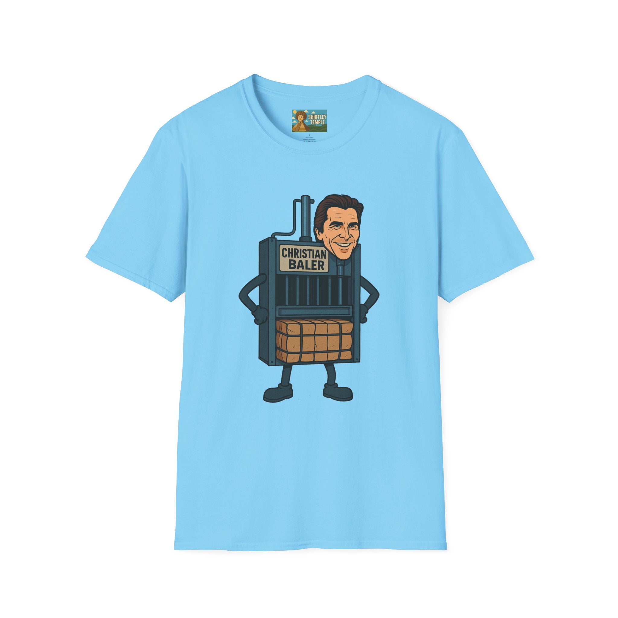 Christian Baler Funny Shirt, Parody Tee, Unisex Softstyle T-Shirt, Comedy Mashup Top, Christian Bale Cardboard Baler Machine, Gift for Movie