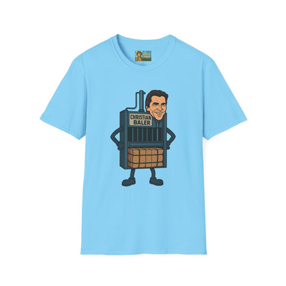 Christian Baler Funny Shirt, Parody Tee, Unisex Softstyle T-Shirt, Comedy Mashup Top, Christian Bale Cardboard Baler Machine, Gift for Movie