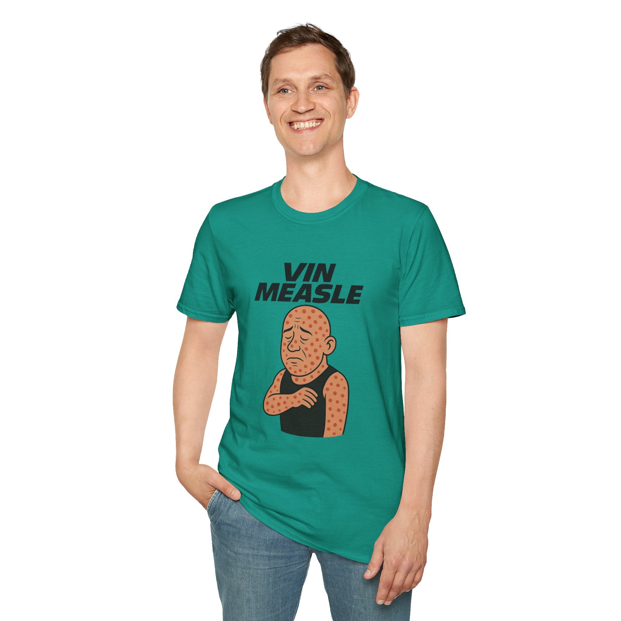 Vin Measle Parody Unisex Softstyle T-Shirt, Actor Measles Wordplay Tee, Humorous Graphic Tee Shirt, Comedy Movie Fan Gift, Lightweight