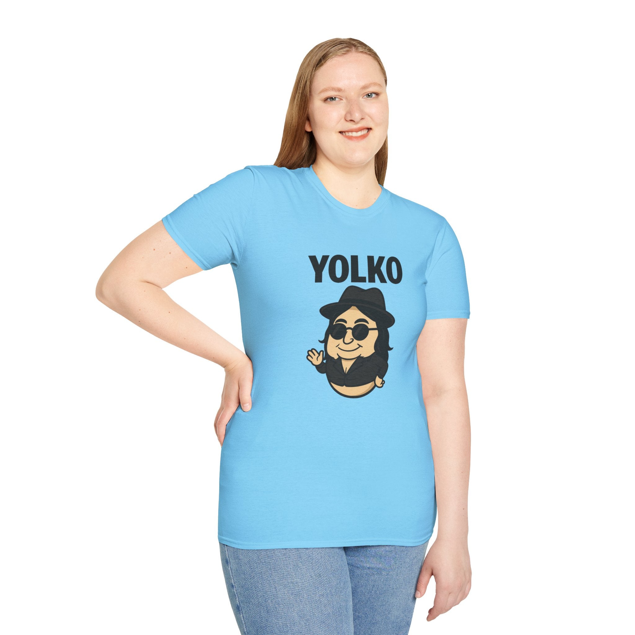 Yolko Funny Parody Unisex Softstyle T-Shirt, Egg Wordplay Tee, Humorous Yoko Tribute Shirt, Novelty Graphic Top, Comical Musician Fan Gift
