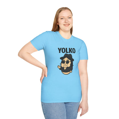 Yolko Funny Parody Unisex Softstyle T-Shirt, Egg Wordplay Tee, Humorous Yoko Tribute Shirt, Novelty Graphic Top, Comical Musician Fan Gift