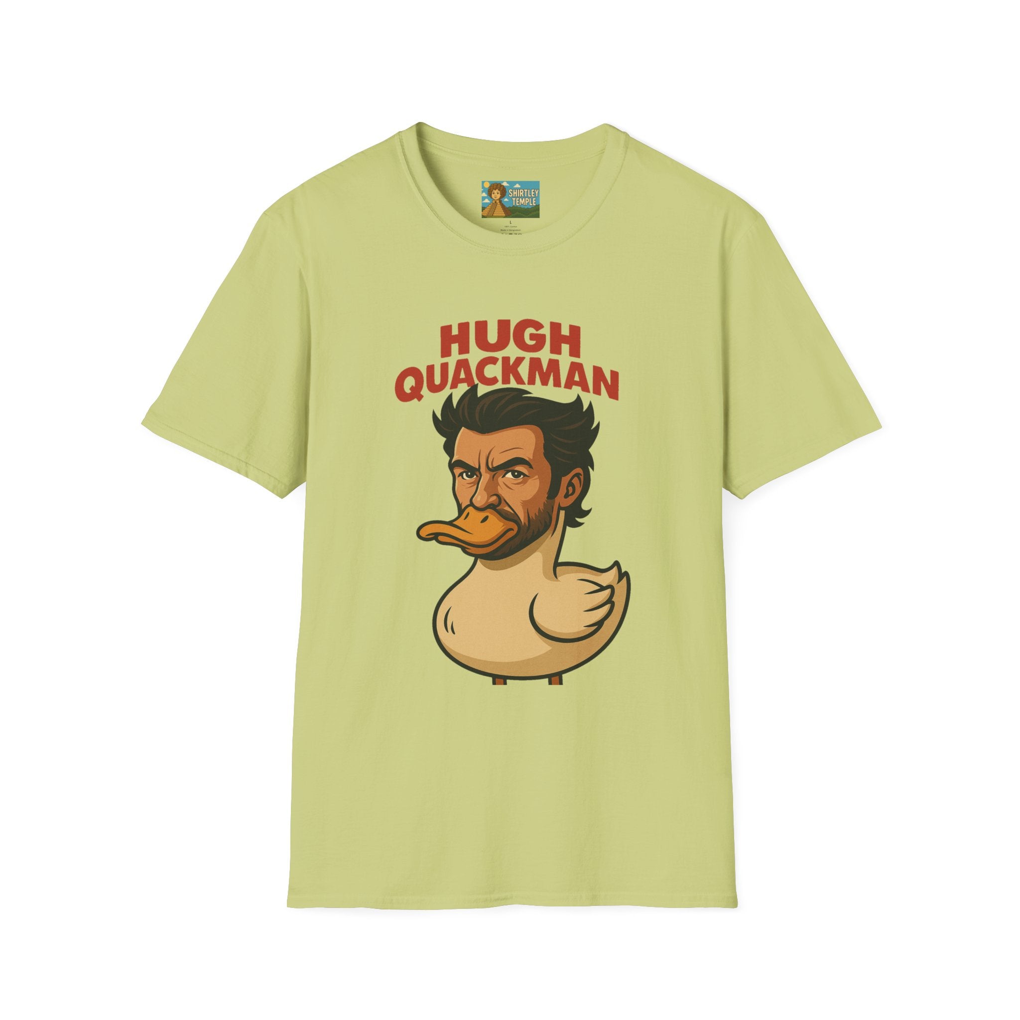 Hugh Quackman Funny Shirt, Parody Apparel, Hugh Jackman Duck Tee, Comedy Tribute, Wordplay Mashup, Unisex Softstyle T-Shirt