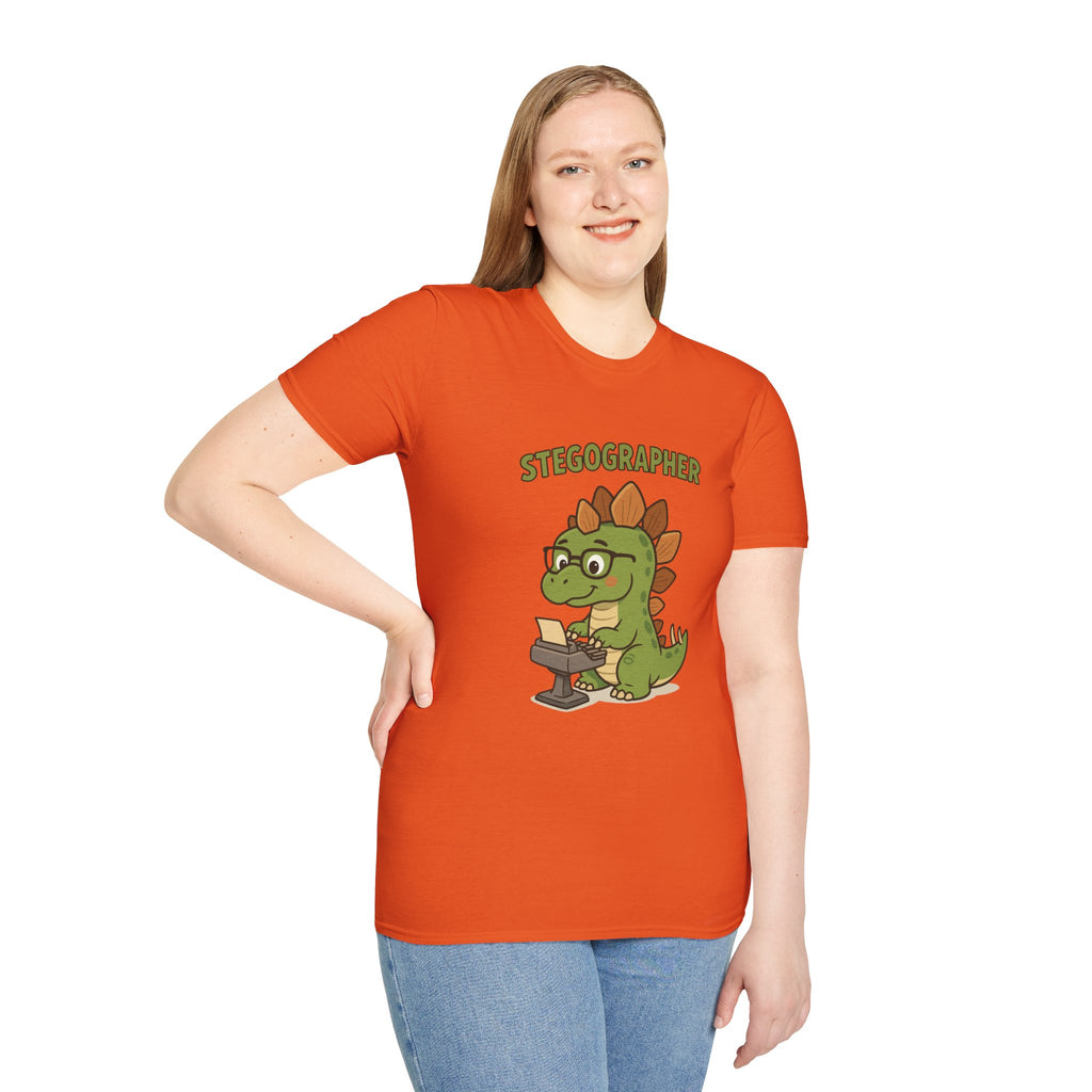 Stegographer Funny Stegosaurus Stenographer Mashup Softstyle Tee, Dino Wordplay Shirt, Unisex Tshirt Gift, Office tee for Dinosaur