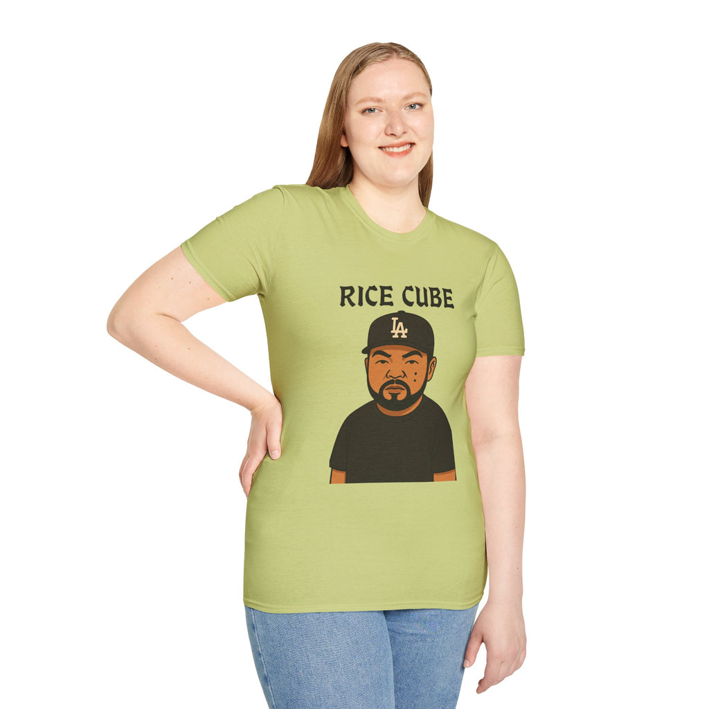 Rice Cube Funny T-Shirt, Ice Cube Asian Parody Shirt, Wordplay Tee, Hip-Hop Music Fan Gift, Unisex Softstyle Top