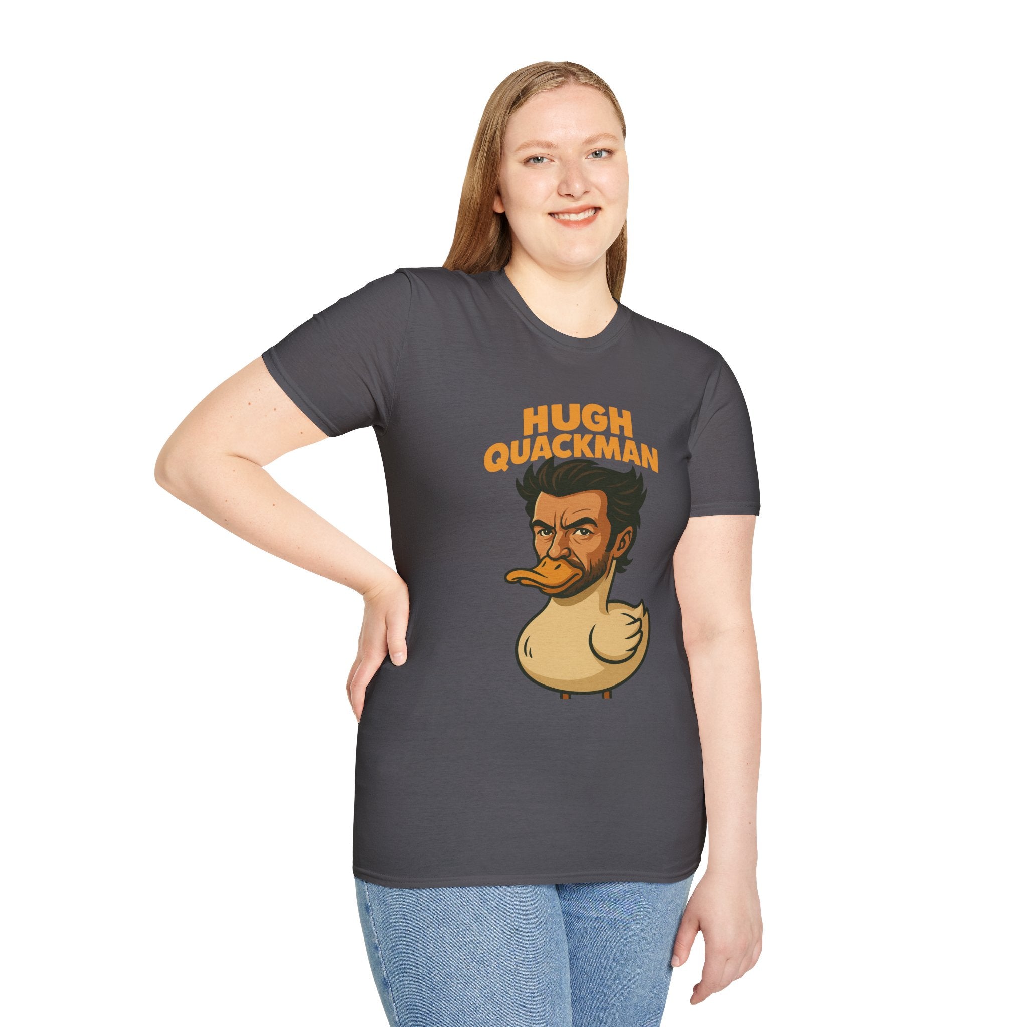 Hugh Quackman Funny Shirt, Parody Apparel, Hugh Jackman Duck Tee, Comedy Tribute, Wordplay Mashup, Unisex Softstyle T-Shirt