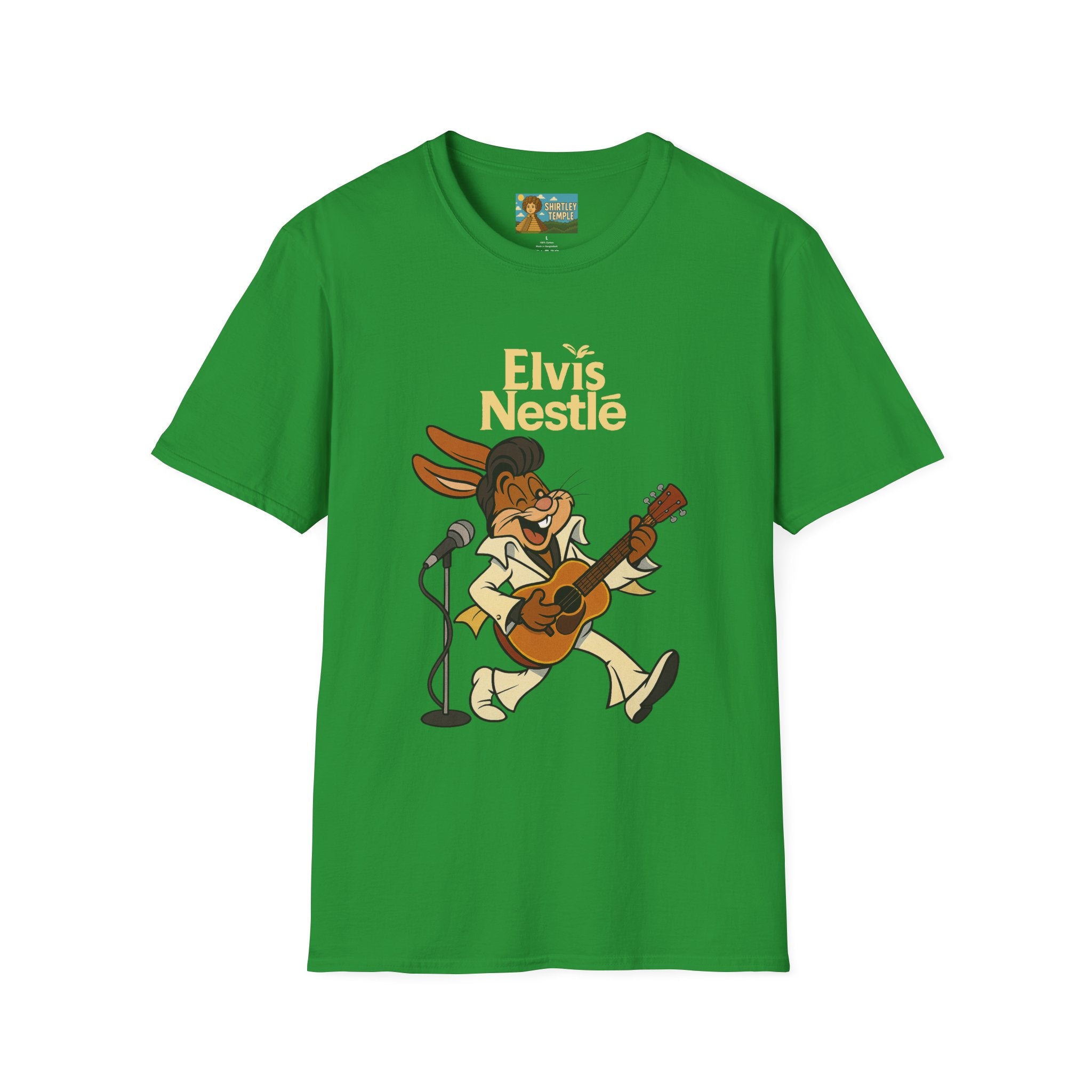 Elvis Nestle Mashup T-Shirt, Rock and Roll Rabbit Funny Tribute Tee, Musician Food Mascot Parody Shirt