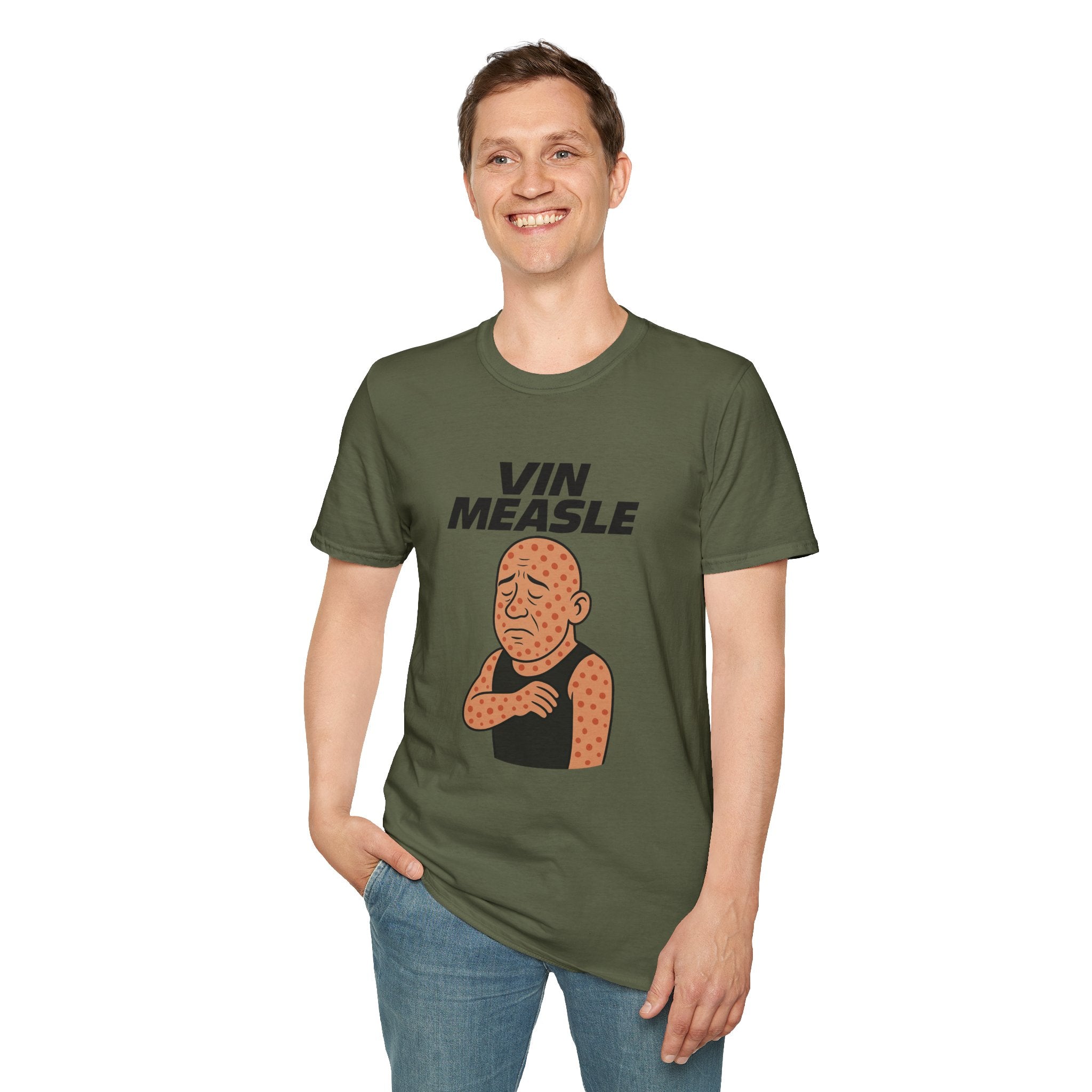 Vin Measle Parody Unisex Softstyle T-Shirt, Actor Measles Wordplay Tee, Humorous Graphic Tee Shirt, Comedy Movie Fan Gift, Lightweight