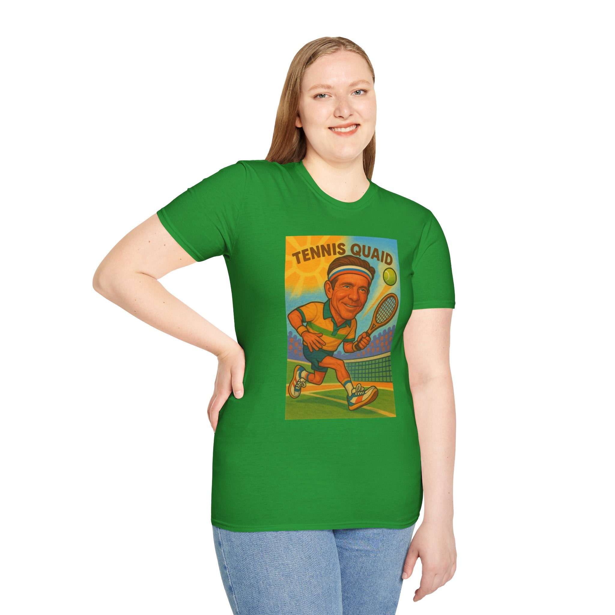 Tennis Quaid Unisex Softstyle T-Shirt, Tennis Player Actor Mashup Tee, Funny Graphic Shirt