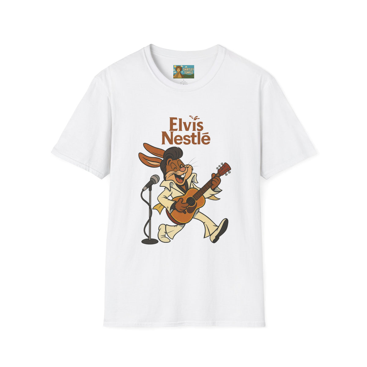 Elvis Nestle Mashup T-Shirt, Rock and Roll Rabbit Funny Tribute Tee, Musician Food Mascot Parody Shirt