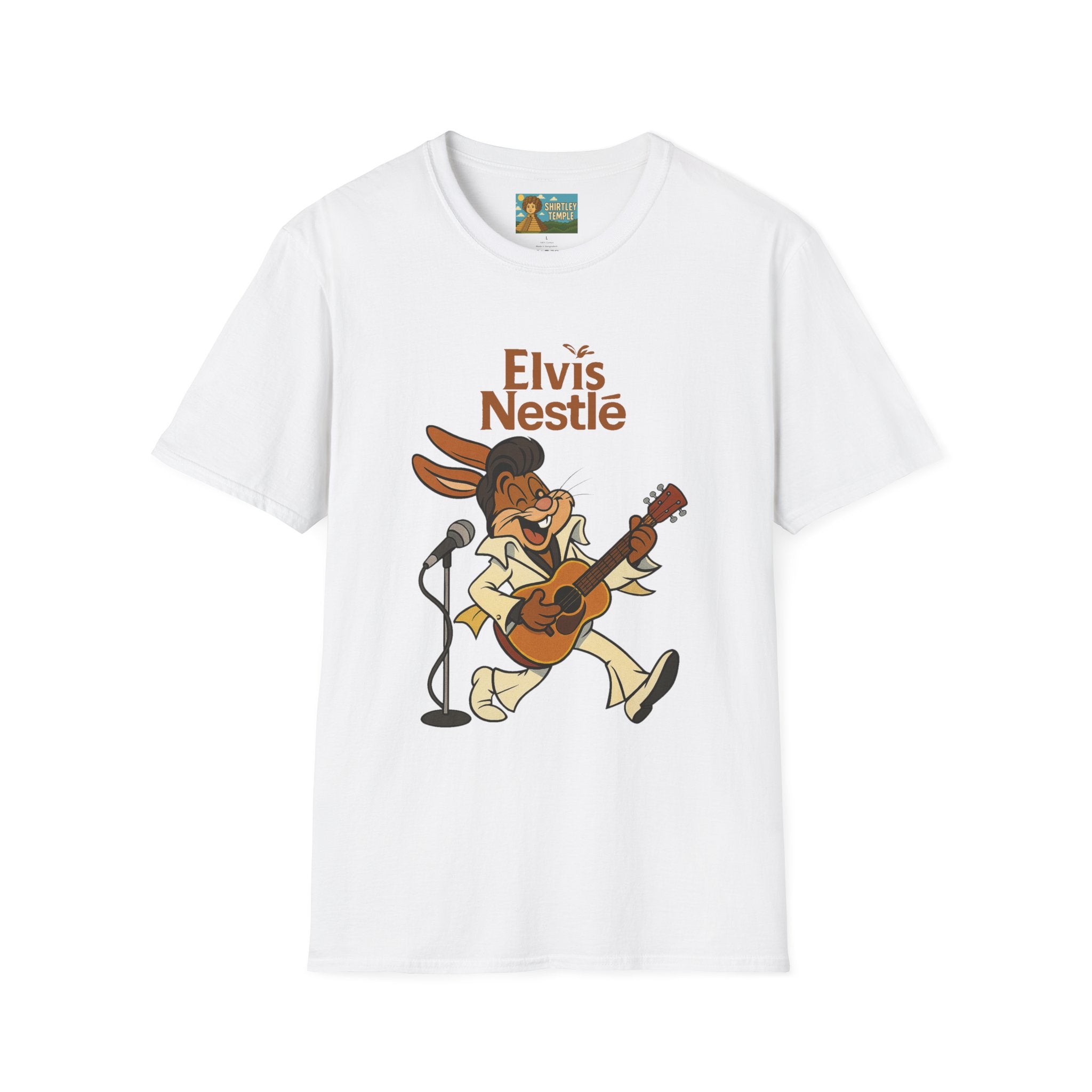 Elvis Nestle Mashup T-Shirt, Rock and Roll Rabbit Funny Tribute Tee, Musician Food Mascot Parody Shirt