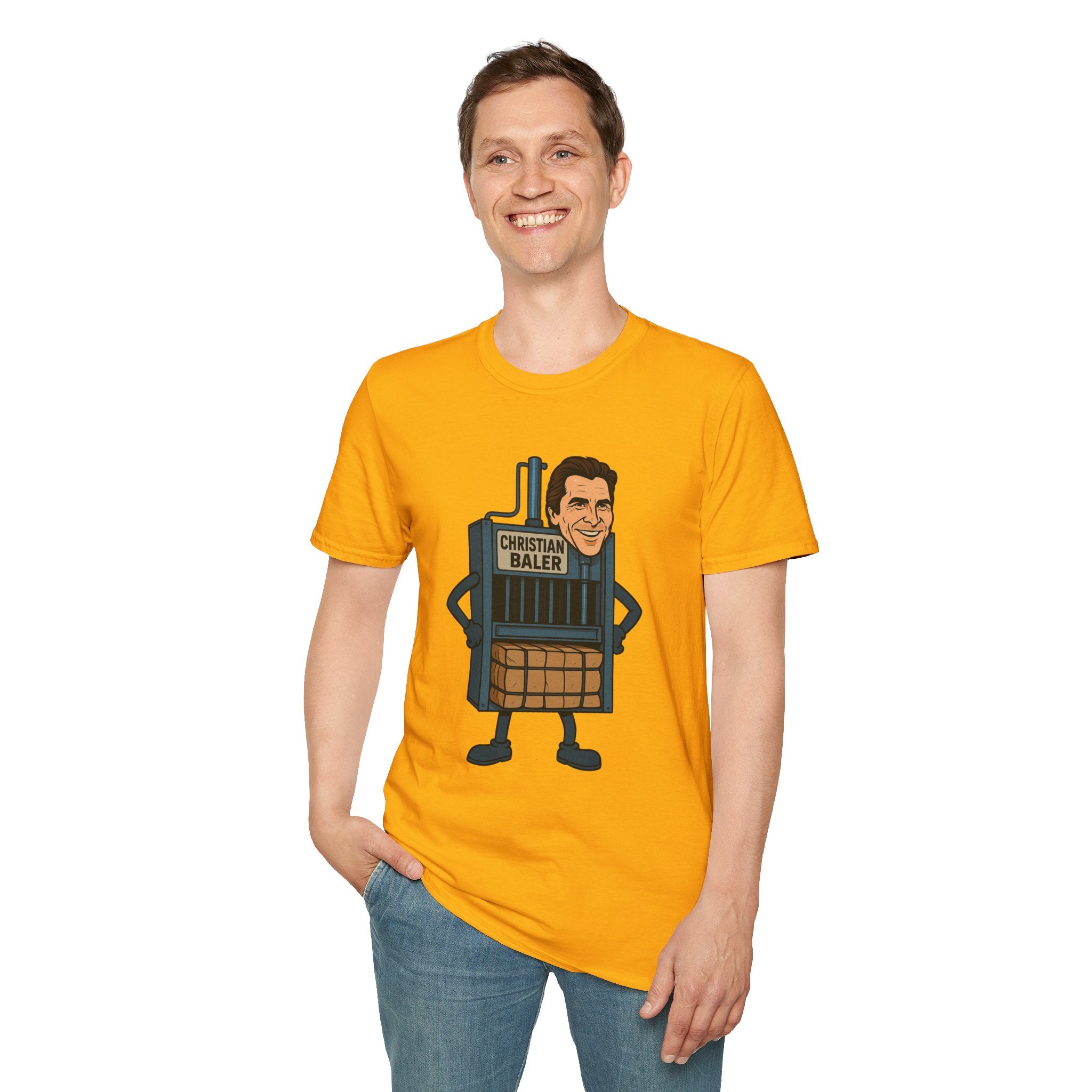Christian Baler Funny Shirt, Parody Tee, Unisex Softstyle T-Shirt, Comedy Mashup Top, Christian Bale Cardboard Baler Machine, Gift for Movie