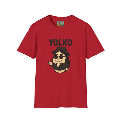 Yolko Funny Parody Unisex Softstyle T-Shirt, Egg Wordplay Tee, Humorous Yoko Tribute Shirt, Novelty Graphic Top, Comical Musician Fan Gift