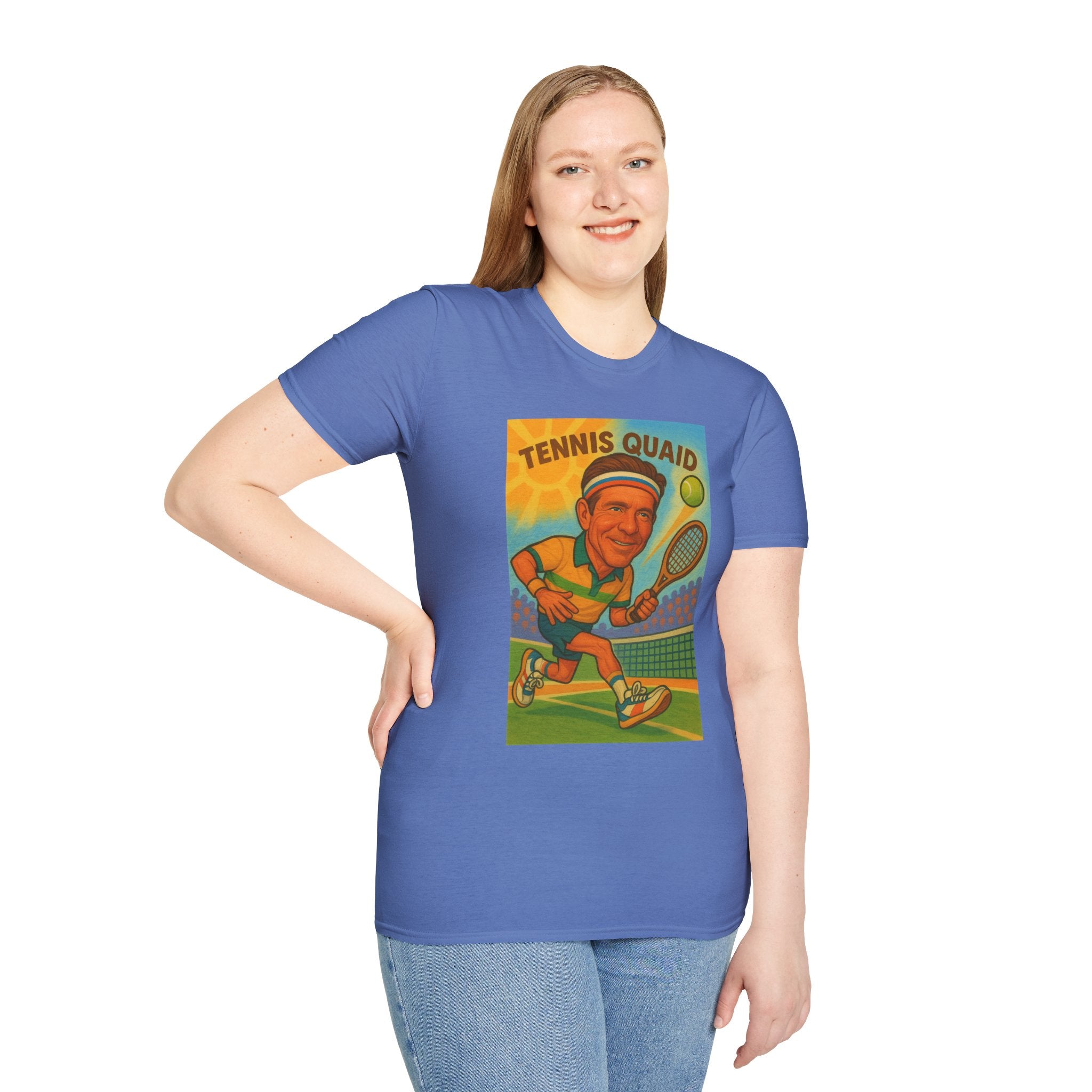 Tennis Quaid Unisex Softstyle T-Shirt, Tennis Player Actor Mashup Tee, Funny Graphic Shirt