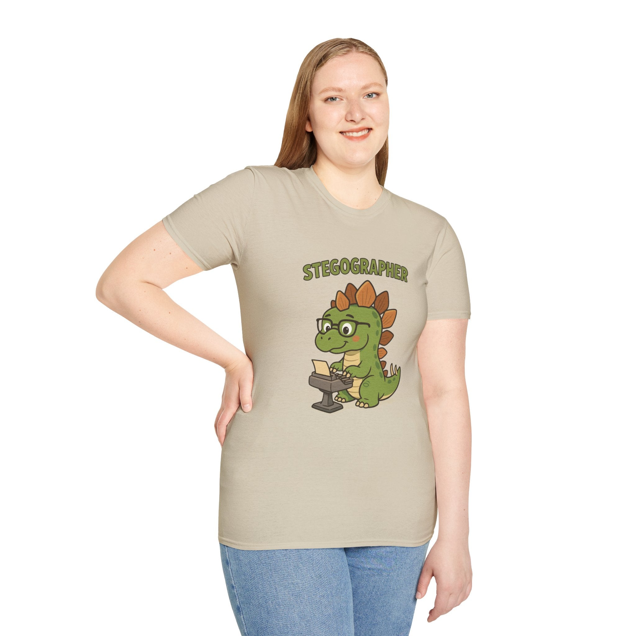 Stegographer Funny Stegosaurus Stenographer Mashup Softstyle Tee, Dino Wordplay Shirt, Unisex Tshirt Gift, Office tee for Dinosaur