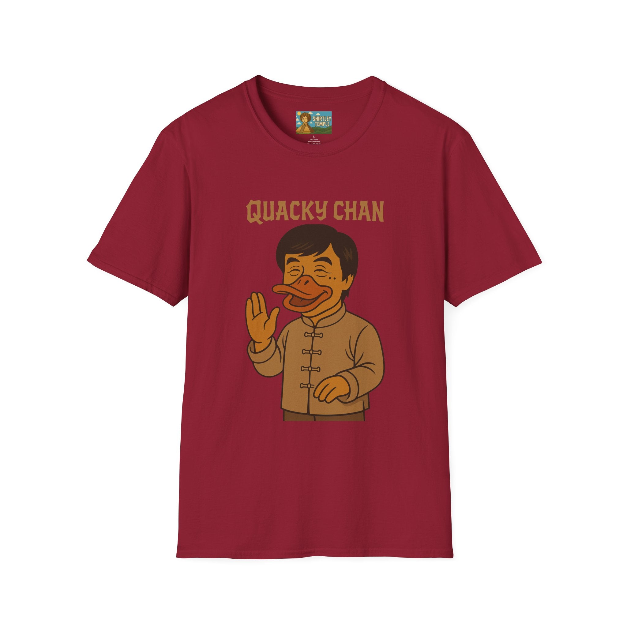 Quacky Chan Funny T-Shirt, Jackie Chan Duck Mashup Tee, Martial Arts Quack Movie Star Shirt, Comedy Parody Apparel, Unisex Softstyle Top