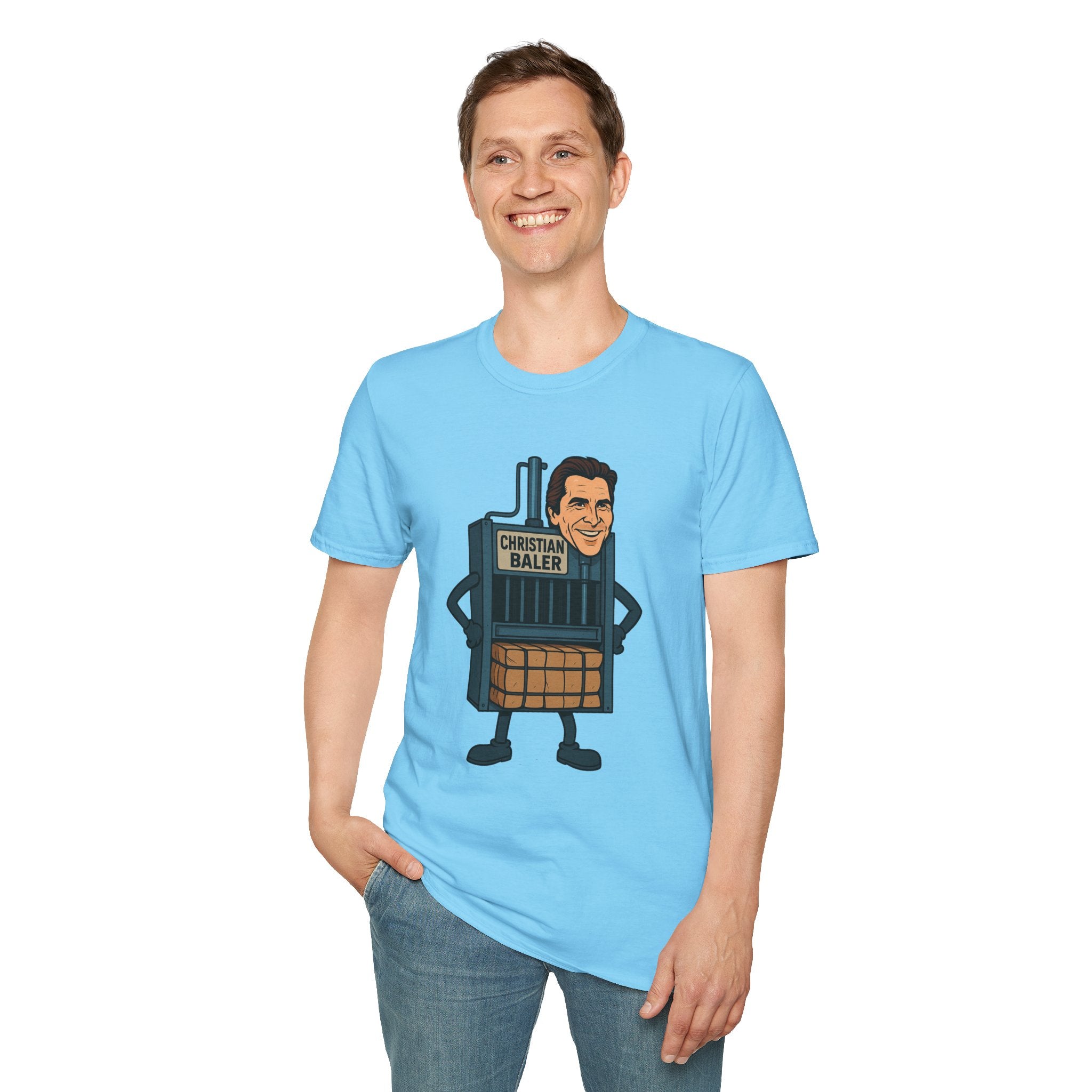 Christian Baler Funny Shirt, Parody Tee, Unisex Softstyle T-Shirt, Comedy Mashup Top, Christian Bale Cardboard Baler Machine, Gift for Movie