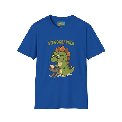 Stegographer Funny Stegosaurus Stenographer Mashup Softstyle Tee, Dino Wordplay Shirt, Unisex Tshirt Gift, Office tee for Dinosaur