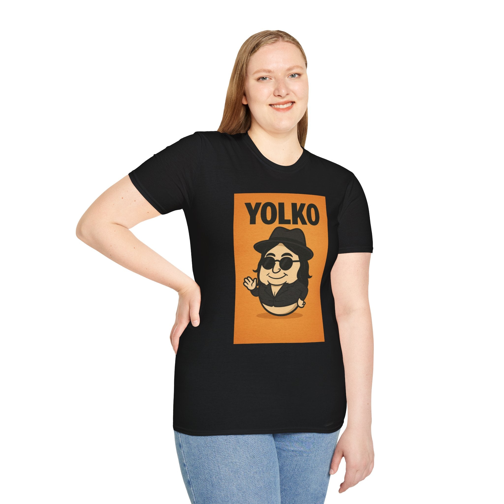 Yolko Funny Parody Unisex Softstyle T-Shirt, Egg Wordplay Tee, Humorous Yoko Tribute Shirt, Novelty Graphic Top, Comical Musician Fan Gift