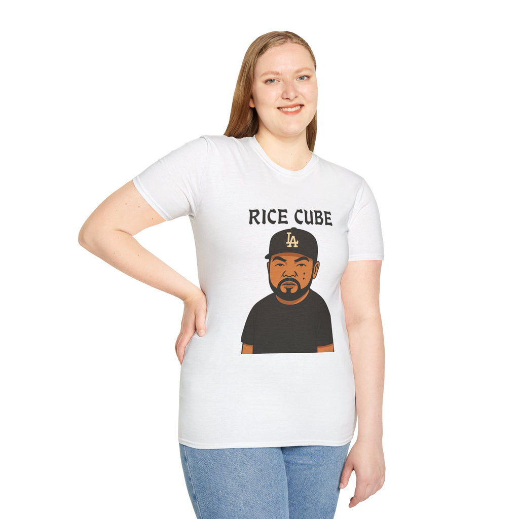Rice Cube Funny T-Shirt, Ice Cube Asian Parody Shirt, Wordplay Tee, Hip-Hop Music Fan Gift, Unisex Softstyle Top