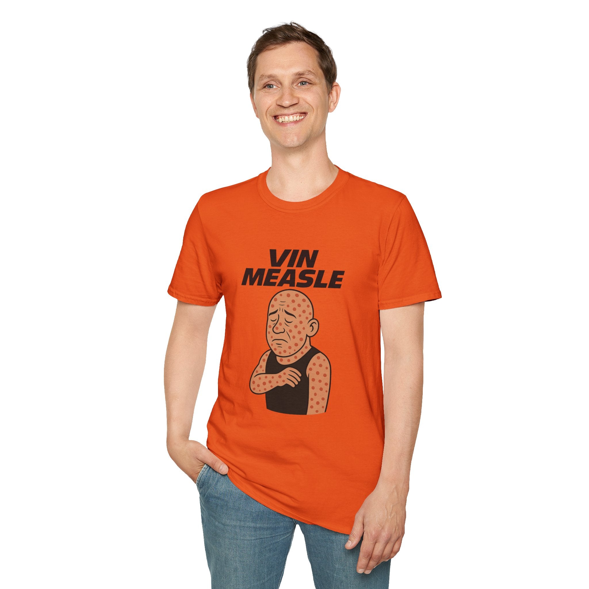 Vin Measle Parody Unisex Softstyle T-Shirt, Actor Measles Wordplay Tee, Humorous Graphic Tee Shirt, Comedy Movie Fan Gift, Lightweight